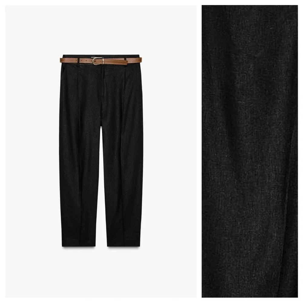 NWOT. Zara Black Linen/Viscose Blend Straight Leg Trousers. Size L.
